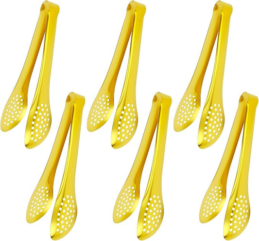6 PCS Gold Serving Tongs for Party 7 Inch Stainless Steel Serving Utensils for Salad Buffet and Dessert(Gold)