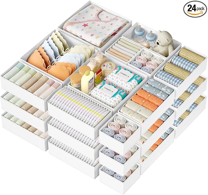 DIMJ Drawer Organizer Clothes 24 Pack - Foldable Baby Organizers and Storage & Dresser Organizer for Bedroom, Closet - Nursery Organization Dresser Dividers for underwear, Sock,Bra, Belt, Tie, White by DiMJ