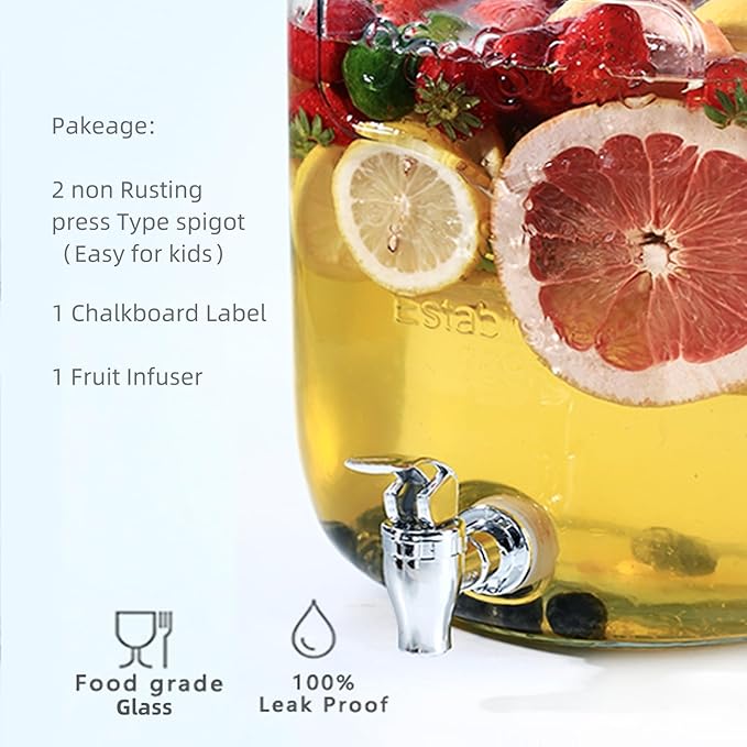 2 Gallon Drink Dispensers for Parties - Sun Tea Glass Jar for Outside 100% Leakproof Beverage Dispenser, 2 Press-Spigots(Easy for kids) Fruit Infuser, Chalkboard Mason Jar Drink Dispensers with Lids