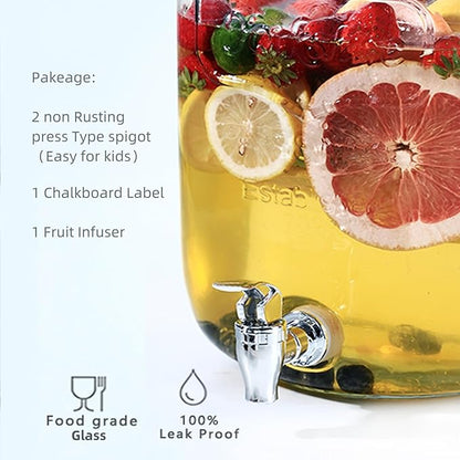 2 Gallon Drink Dispensers for Parties - Sun Tea Glass Jar for Outside 100% Leakproof Beverage Dispenser, 2 Press-Spigots(Easy for kids) Fruit Infuser, Chalkboard Mason Jar Drink Dispensers with Lids