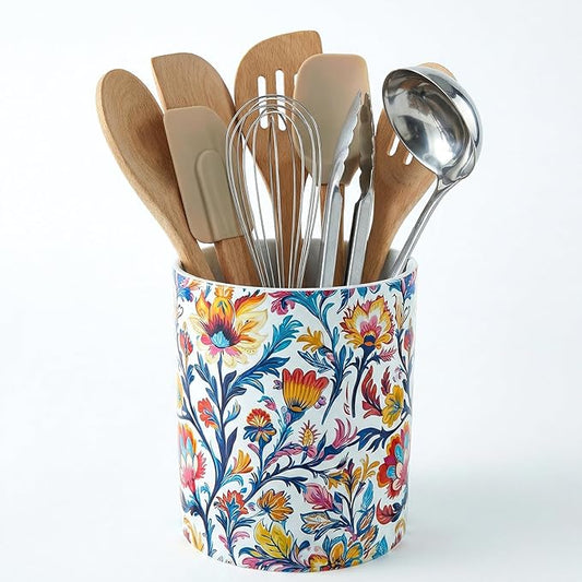 MyGift Vibrant Paisley Floral Ceramic Kitchen Utensil Holder – Decorative Crock for Cooking Utensils, Flatware, and Countertop Storage