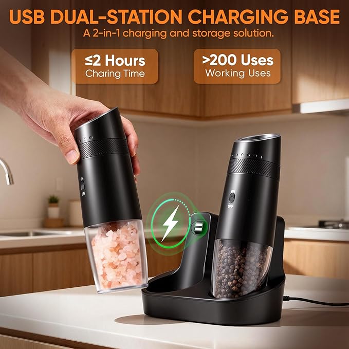 Gravity Electric Salt and Pepper Grinder Set Rechargeable with Charging Base, Automatic Shakers Pepper Mill, Large Capacity, 6-Level External Adjustable Coarseness, LED Light, Kitchen Gadgets