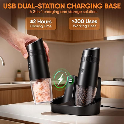 Gravity Electric Salt and Pepper Grinder Set Rechargeable with Charging Base, Automatic Shakers Pepper Mill, Large Capacity, 6-Level External Adjustable Coarseness, LED Light, Kitchen Gadgets