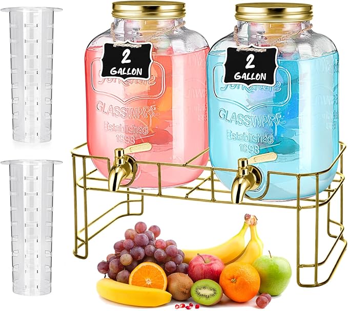 FillTouch 2 Pcs Glass Drink Dispenser for Parties Glass Water Beverage Dispenser with Stand Ice Cylinder 18/8 Stainless Steel Leakproof Spigot Hanging Chalkboard Signs Pen(2 Gallon)
