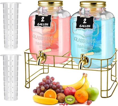 FillTouch 2 Pcs Glass Drink Dispenser for Parties Glass Water Beverage Dispenser with Stand Ice Cylinder 18/8 Stainless Steel Leakproof Spigot Hanging Chalkboard Signs Pen(2 Gallon)
