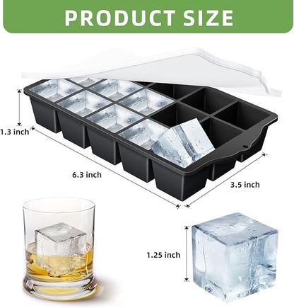 FANYITY Silicone Ice Cube Tray with Lid, Black, Pack of 4 Ice Cube Moulds, Silicone Mould, BPA-Free, Stackable Ice Cube Tray, Ice Cube Trays for Baby Porridge, Cocktail, Whiskey, Coffee