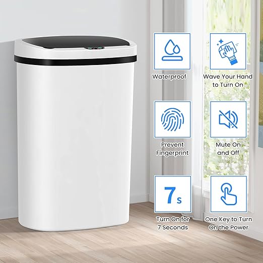 13 Gallon Trash Can,50Liter Plastic High-Capacity Automatic Kitchen Trash Can with Lid,Motion Sensor Touch Free Garbage Cans for Bathroom, Bedroom, and Kitchen (2, White) - Image 3
