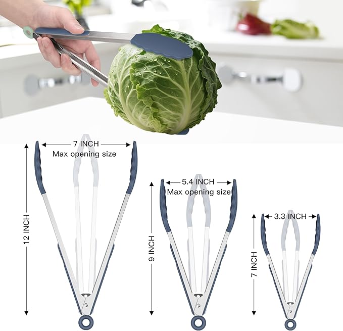 HOTEC Premium Stainless Steel Locking Kitchen Tongs with Silicon Tips, Set of 3-7", 9" and 12" (Dusty Blue) - Image 3