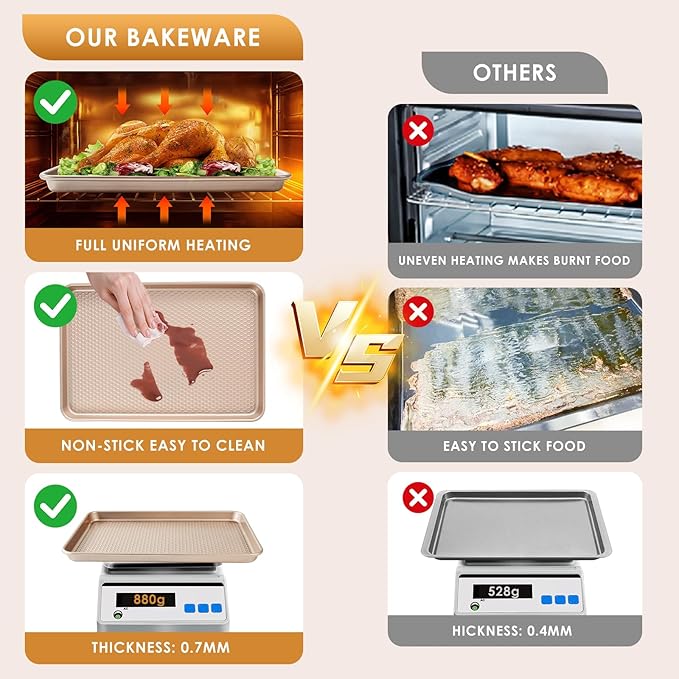 Baking Sheet Pan Set of 3, Nonstick Carbon Steel Cookie Sheets with Texture, Commercial Half/Quarter/Jelly Roll Pans Replacement Toaster Oven Tray, Heavy Duty & Easy Clean, Rose Gold - Image 3