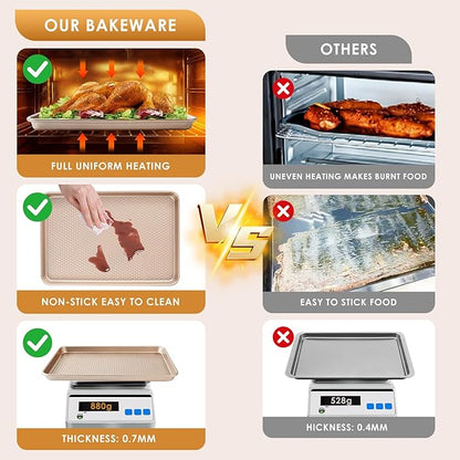 Baking Sheet Pan Set of 3, Nonstick Carbon Steel Cookie Sheets with Texture, Commercial Half/Quarter/Jelly Roll Pans Replacement Toaster Oven Tray, Heavy Duty & Easy Clean, Rose Gold - Image 3