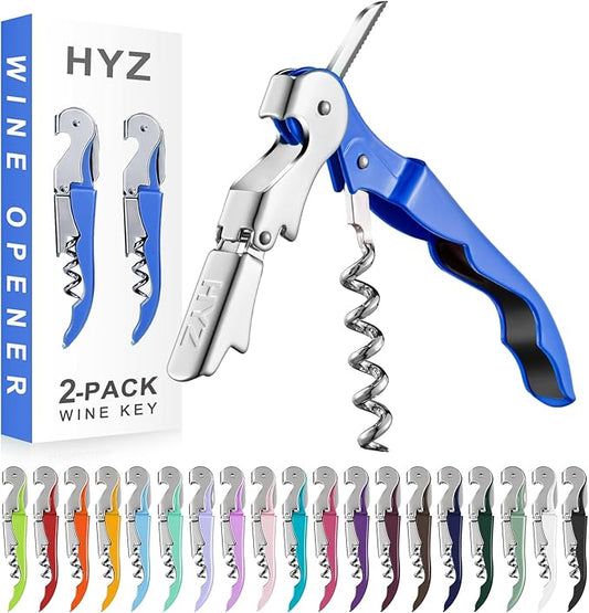 HYZ 2-Pack Wine Opener Waiter Corkscrew, Professional Wine Key for Servers, Bartender with Foil Cutter, Manual Wine Bottle Opener Double Hinged (Azure Blue) by HYZ