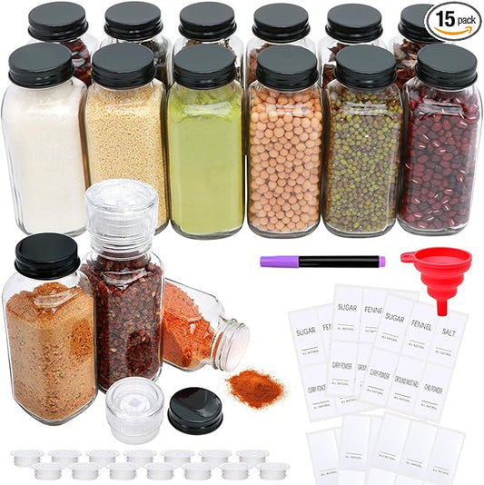 15 Pack 8oz Glass Spice Jars with Grinders, Square Spice Bottles with Deeper Shaker Lids & Airtight Metal Caps, Seasoning Containers with Labels for Spice Organization, Fits Cabinet, Spice Rack by Gakshzbds
