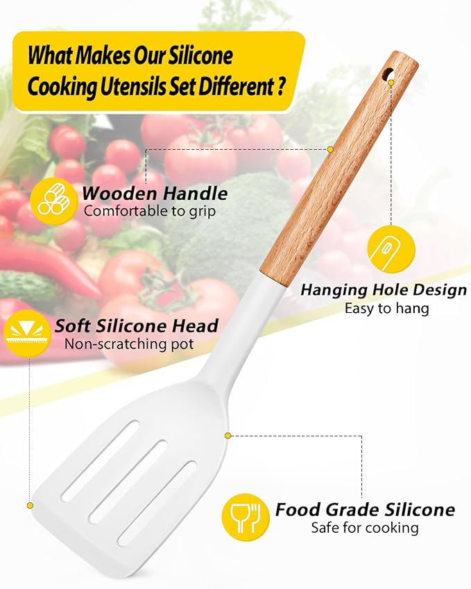 Pack of 4 Silicone Cooking Utensils Set, Non Stick Solid Spatulas and Heat Resistant Slotted Spoons with Wooden Handle, Ideal Wood Kitchen Utensils Set for Frying,Serving,Turning,Stirring (WHITE) - Image 2