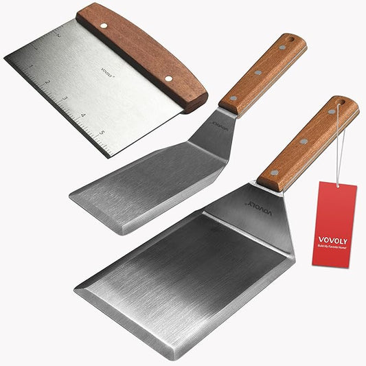 Stainless Steel Metal Spatula Set For Griddle, Grill Spatula Scraper for BBQ/Flat Top Grill- Full Tang Handle -Thicked Blade- Beveled Edges, Great Griddle Accessories for Pancake/Dough Cutter by VOVOLY