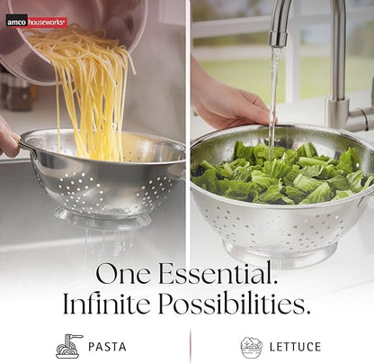 Amco 3-Piece Stainless Steel Colander Set - Multiple Sizes - 1.5, 3, 5 Quart - Durable, Professional Grade Design with Handles for Easy Transfer - Ideal Kitchen Strainer for Cooking & Washing