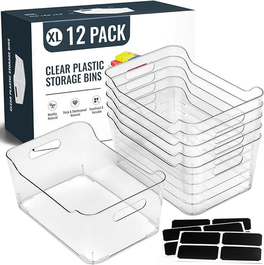 12 PACK Multi-Use Clear Plastic Storage Bins for Organizing w/ Labels - Home, Kitchen, Pantry, Bathroom, Office, Cabinet Shelf Organizer Bins - SOHO Collection, RV, Fridge Organization Containers -XL by MakeLifeBetterEasier