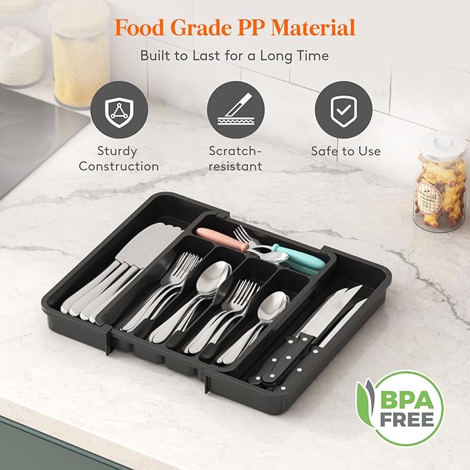 Lifewit Silverware Drawer Organizer, Expandable Utensil Tray for Kitchen, BPA Free Flatware and Cutlery Holder, Adjustable Plastic Storage for Spoons Forks Knives, 8.9-14.7 x 12.2", Black - Image 4