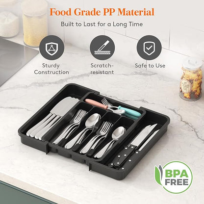 Lifewit Silverware Drawer Organizer, Expandable Utensil Tray for Kitchen, BPA Free Flatware and Cutlery Holder, Adjustable Plastic Storage for Spoons Forks Knives, 8.9-14.7 x 12.2", Black - Image 4