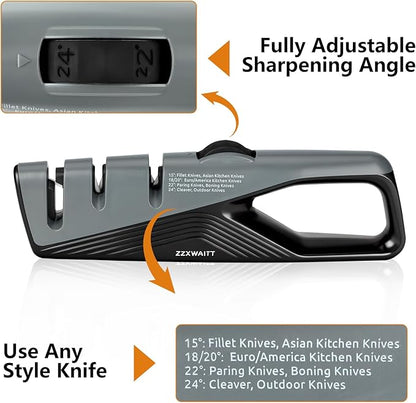Professional Knife Sharpener with 3-Stage Sharpening - Coarse, Fine & Scissor Slots | 5-Angle Adjustable (15°-24°) | Comfort-Grip Kitchen Knife Sharpener for Kitchen Knives, Pocket, Scissors