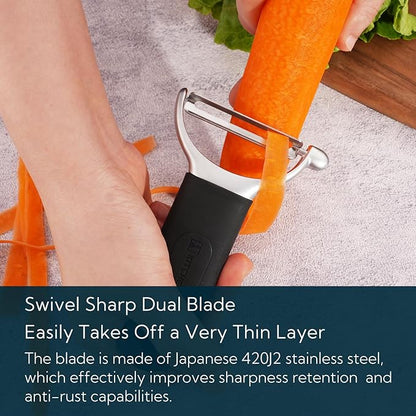 KITCHENDAO Swivel Vegetable Potato Peeler for Kitchen, Japanese Stainless Steel Sharp Blade, Heavy Duty Die-cast Construction Y Peeler, Built-in Eye Remover, Soft-touch Handle, Dishwasher Safe, Black - Image 3