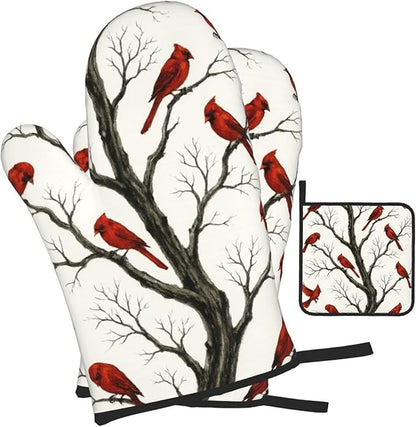 Christmas Pot Holders and Oven Mitts Set of 3,Winter Red Cardinal Kitchen Gloves Hot Pads for Oven Baking Cooking BBQ Grilling,Cardinals Kitchen Decor & Christmas Cardinal Gifts for Women