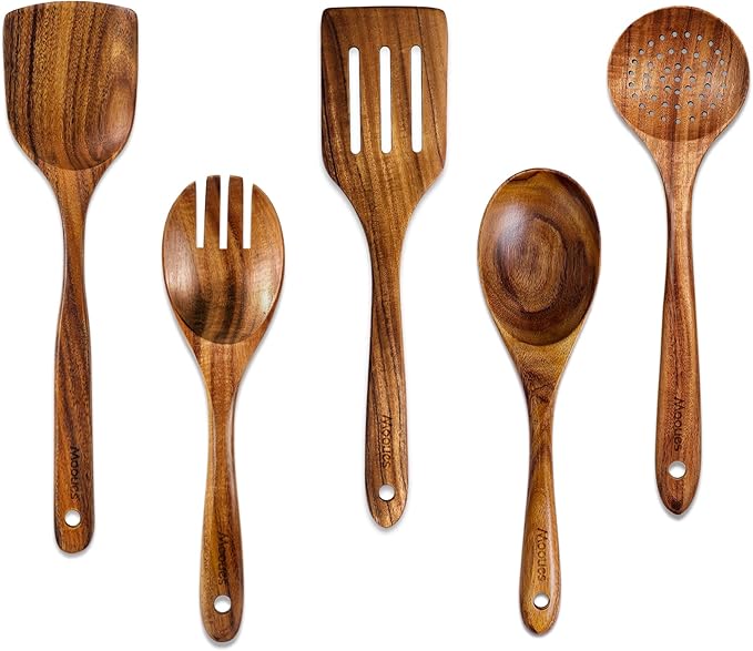 Wooden Spoons for Cooking, Wooden Utensils for Cooking Natural Teak Wooden Kitchen Utensils Set Comfort Grip(5 PCS SET) by Mooues
