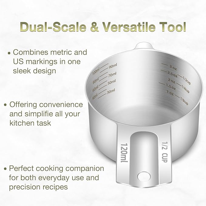 1PCS 1/2Cup (120ml, 4oz) Single Measuring Cup, Etched Inner Scale Stainless Steel Measure Scoop, Metric and US Measurement, Dishwasher Safe - Image 4