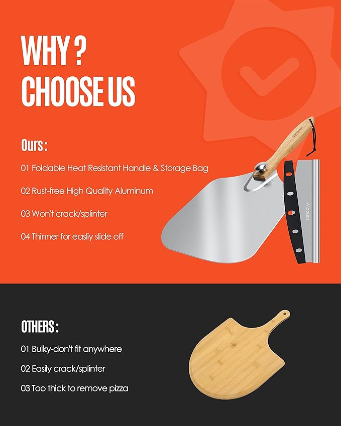 Pizza Peel Aluminum Pizza Spatula,17 inch Metal Pizza Paddle(12"x 17") with Rocker Cutter Foldable Wood Handle, [Storage bag included], for Family Pizza Oven Baking Pizza, Dough, Bread & Pastry - Image 7