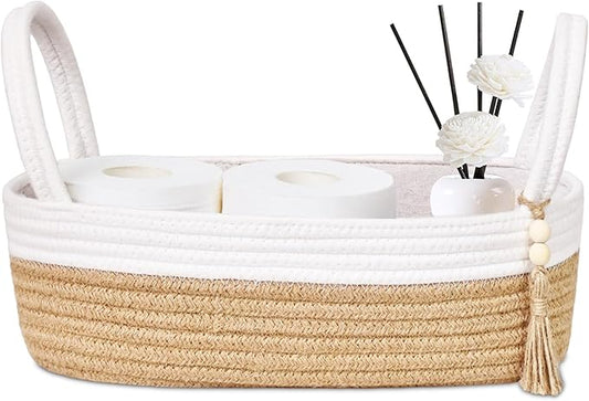 ABenkle Small Storage Basket for Toilet Tank Top - Jute Rope Woven Organizer with Handle, Boho Countertop Bathroom Decor, Toilet Paper Holder, 13x6x4 Inch