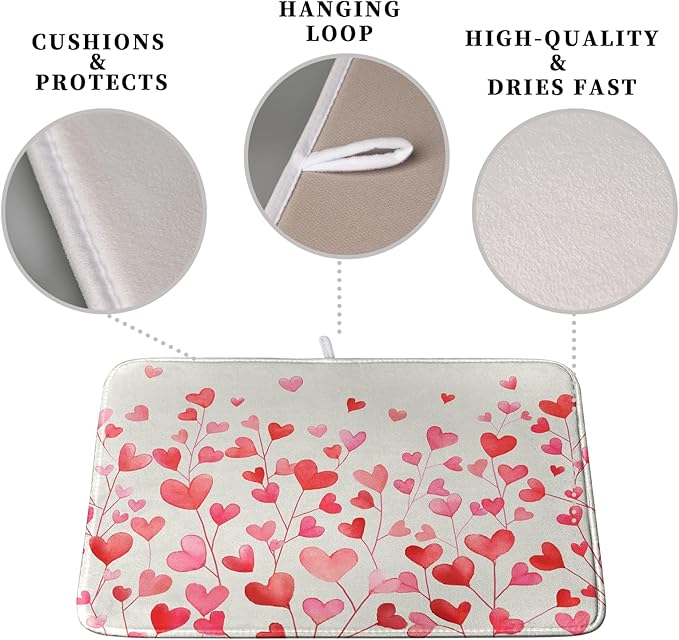 Valentines Pink Love Heart Dish Drying Mat Valentine Day Absorbent Microfiber Dish Drying Pad Heat Resistant Kitchen Counter Draining Mat Extra Large Dish Drainer Rack Mats 16x18 Inch - Image 3