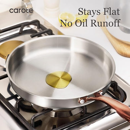 CAROTE 7-Piece Tri-Ply Stainless Steel Frying Pan Set, Skillet Set 8"/10"/12", Induction Compatible, Oven & Dishwasher Safe, Gold Handle