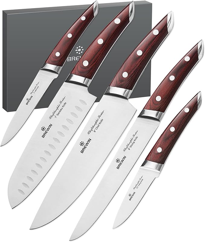 Brewin CHEFILOSOPHI Japanese Chef Knife Set 5 PCS with Elegant Red Pakkawood Handle Ergonomic Design,Professional Ultra Sharp Kitchen Knives for Cooking High Carbon Stainless Steel by EnjoyEveryCutWithBrewin