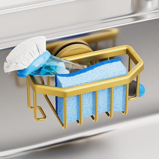 TAILI Sponge Holder for Kitchen Sink with Strong Suction Cup Removable, Rustproof Aluminum Sink Caddy for Sponge, Brush, Scrubber, Scraper -Gold by TAILI