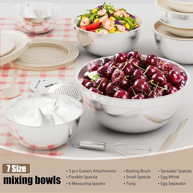 ENVTEK 7-Piece Stainless Steel Mixing Bowls Set with Lids & 3 Grater Attachments – Size 4.5, 4, 3.5, 2.1, 1.5, 1.1, 0.7QT, Kitchen Gadgets Set for Cooking, Baking, and Serving, Khaki - Image 8