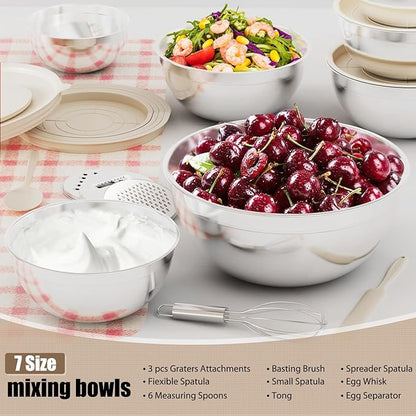 ENVTEK 7-Piece Stainless Steel Mixing Bowls Set with Lids & 3 Grater Attachments – Size 4.5, 4, 3.5, 2.1, 1.5, 1.1, 0.7QT, Kitchen Gadgets Set for Cooking, Baking, and Serving, Khaki - Image 8