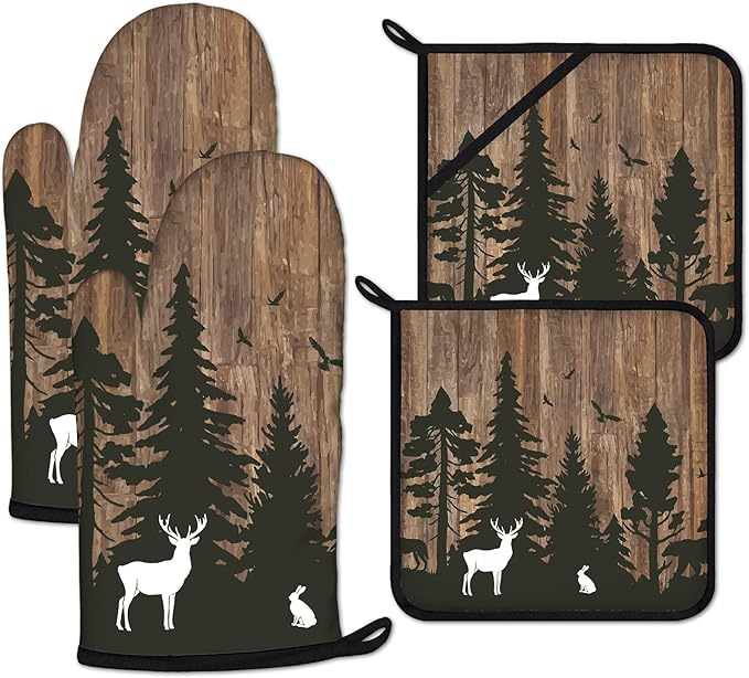 Deer Forest Wood Grain Oven Mitts and Pot Holders Sets Heat Resistant 4Pcs Potholders Oven Gloves Hot Pads for Kitchen Baking Cooking Grilling BBQ