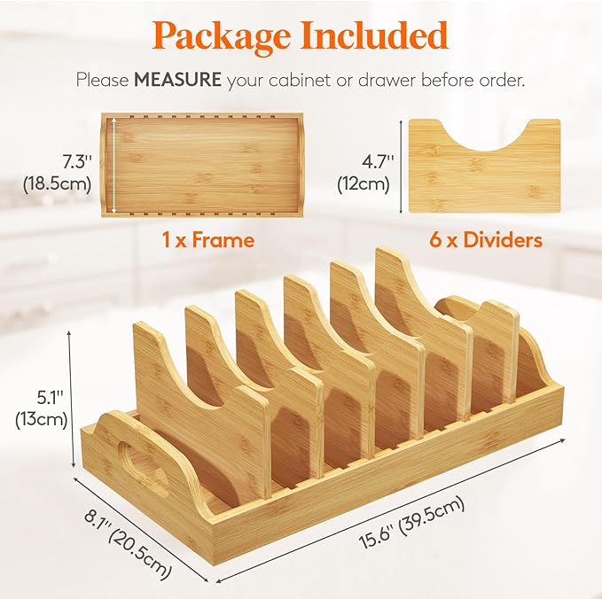 Lifewit Bamboo Pot Lid Organizers for Inside Cabinet, Pan Lid Holder with 6 adjustable Inserts & 7 Sections, Kitchen Pantry organizer and storage, Extra Large, 15.6" X 8.1"/40 x 21cm - Image 2