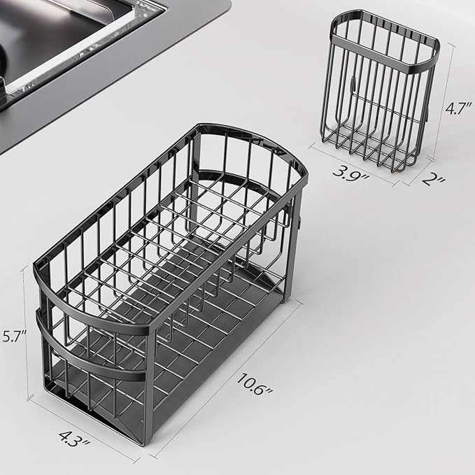 Kitchen Sink Organizer Caddy, 2 Tier Sink Caddy Organizer with High Brush Holder, Rust-Proof Countertop Rack (Black 10.6 * 4.3 * 5.7") for Kitchen Accessories & Dish Brushes - Image 3