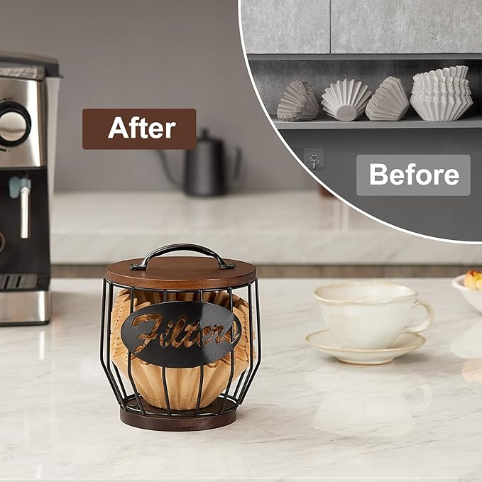 Yangbaga Coffee Filter Holder with Wood Lid,Wood and Metal Coffee Filter Storage Container Basket for Coffee Filters 2-4 Cup,Round Coffee Filter Holder Case for Counter,Coffee Bar Accessories decor - Image 6