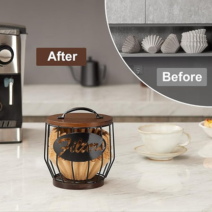 Yangbaga Coffee Filter Holder with Wood Lid,Wood and Metal Coffee Filter Storage Container Basket for Coffee Filters 2-4 Cup,Round Coffee Filter Holder Case for Counter,Coffee Bar Accessories decor - Image 6