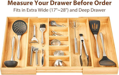 Umilife Extra Large Expandable Kitchen Drawer Organizer for Utensil and Junk, 19" Deep for Big Drawer, 17" to 28" Adjustable Bamboo Wood Drawer Divider, Cutlery Tray, Flatware Holder - Image 5