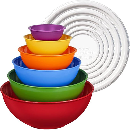 Greentainer Plastic Mixing Bowls with Lids Set for Kitchen, 6 Set Nesting Bowls for Mixing, Baking, Prepping, Cooking and Serving Food, Mixing Bowls Dishwasher, Microwave Safe