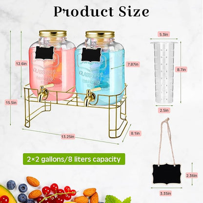 FillTouch 2 Pcs Glass Drink Dispenser for Parties Glass Water Beverage Dispenser with Stand Ice Cylinder 18/8 Stainless Steel Leakproof Spigot Hanging Chalkboard Signs Pen(2 Gallon)
