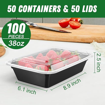 Dealusy 50 Pack (100-Piece) 38 oz Meal Prep Containers Reusable with Lids, Sturdy Leakproof & Food Safe, Microwave, Freezer, Dishwasher Safe Prep Containers, To Go Take Out Plastic Food Storage - Image 2