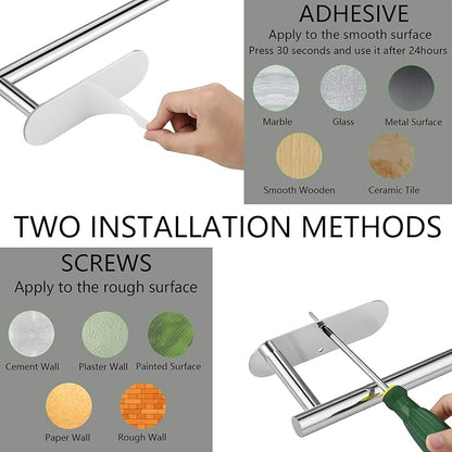 Paper Towel Holder with 2 Hooks-Under Cabinet Paper Towel Holder for Kitchen, Self-Adhesive or Screws, Space Saving Wall Mounted Kitchen Roll Holder, Bathroom, Stainless Steel Chrome