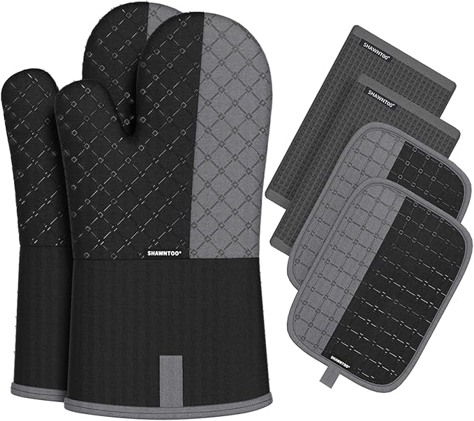 Oven Mitts and Pot Holders Sets 6pcs, Kitchen Oven Glove,High Heat Resistant 550 Degree Extra Long Oven Mitts and Potholders with Non-Slip Silicone Surface for Home Essentials (Grey) (Matte Black) by OvenMitts