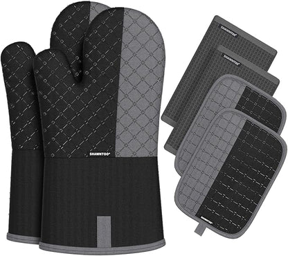 Oven Mitts and Pot Holders Sets 6pcs, Kitchen Oven Glove,High Heat Resistant 550 Degree Extra Long Oven Mitts and Potholders with Non-Slip Silicone Surface for Home Essentials (Grey) (Matte Black) by OvenMitts