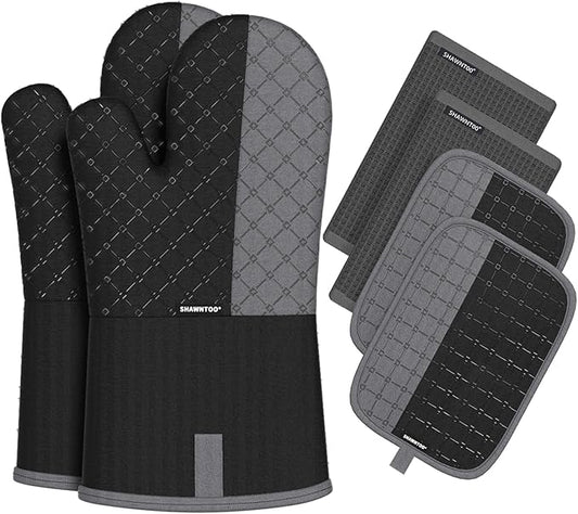Oven Mitts and Pot Holders Sets 6pcs, Kitchen Oven Glove,High Heat Resistant 550 Degree Extra Long Oven Mitts and Potholders with Non-Slip Silicone Surface for Home Essentials (Grey) (Matte Black) by OvenMitts