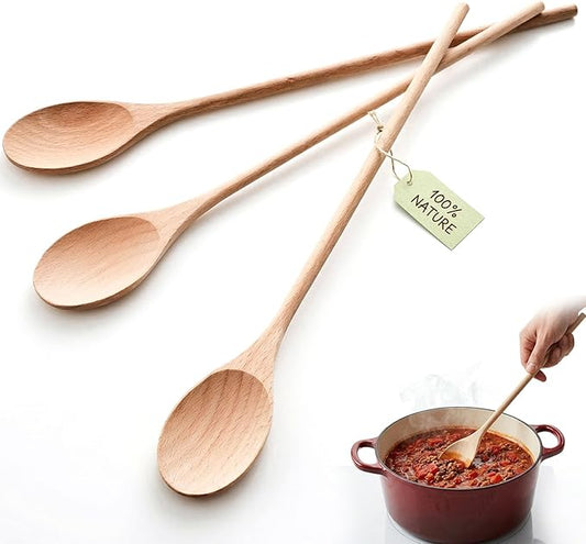 HANSGO 3PCS Wooden Spoons for Cooking, 14 Inch Long Handle Spoons for Deep Pots, Wooden Kitchen Utensil Set for Stirring, Mixing and DIY Crafts, Sturdy & Lightweight