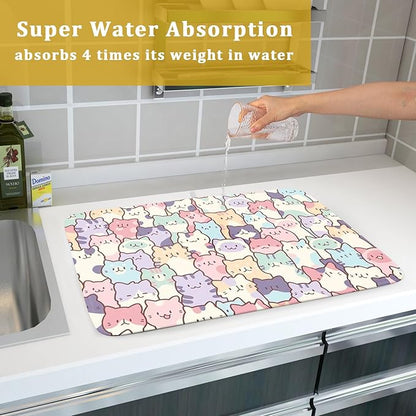 Colorful Cats Dish Drying Mat 18x24 inch Cute Animal Microfiber Reversible Fast Dry Dishes Drainer Rack Pad for Counter Kitchen Table Decor